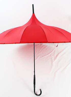 日系纯色宝塔伞红色长柄雨伞女新娘结婚16骨公主皮柄弯钩直杆洋伞