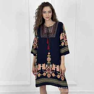 棉绸印花连衣裙文艺复古春夏装民族风女装裙子泰国风连衣裙a字裙