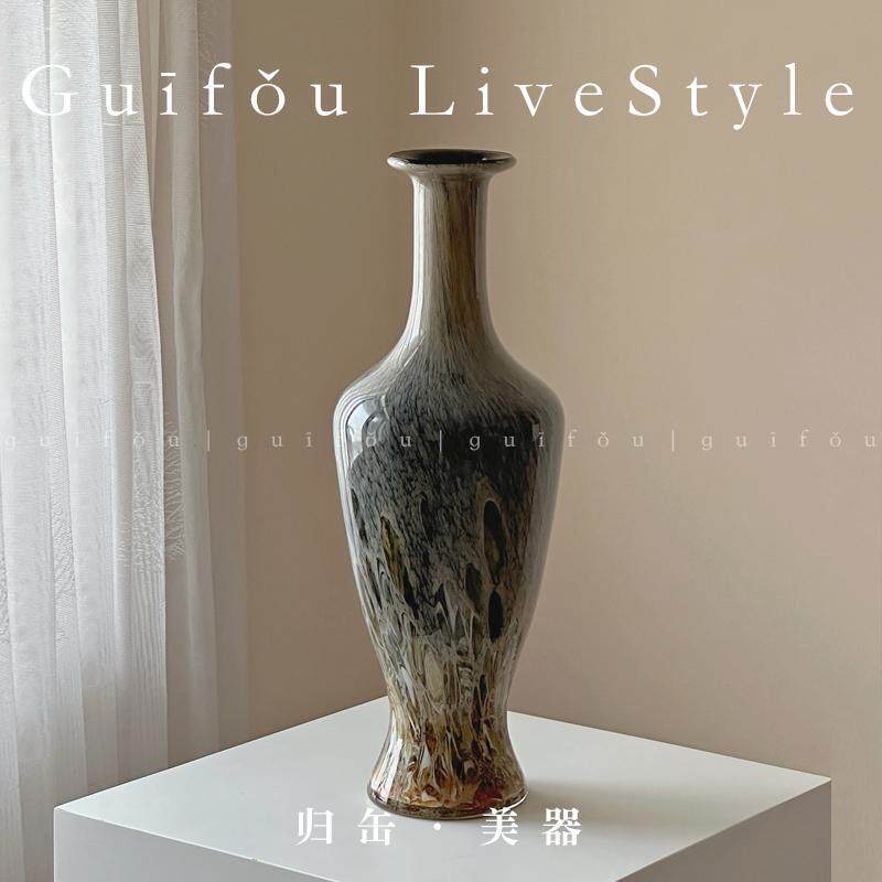 归缶客厅侘寂老钱风花器玄关覆古装饰摆饰棕黑色家居大号琉璃花瓶