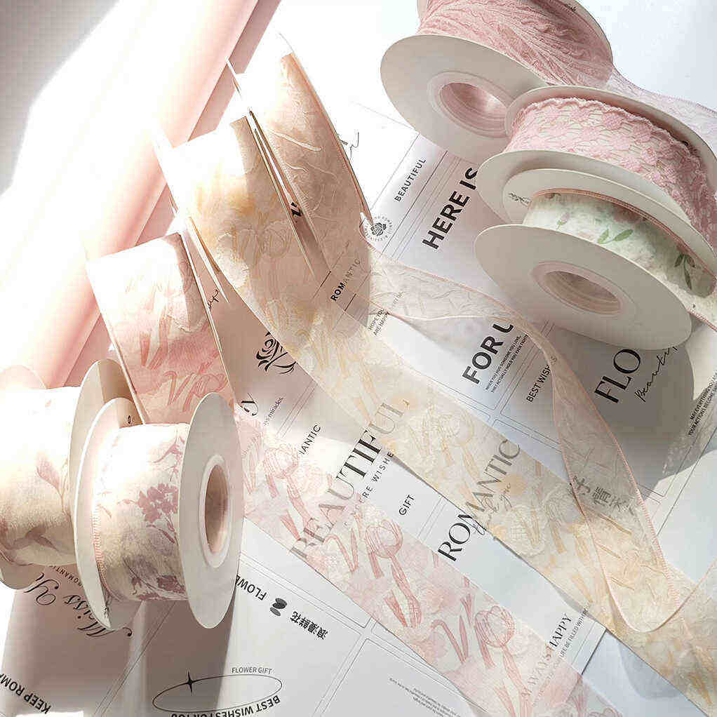 粉色系列浮雕花朵丝带玫瑰花鲜花礼品缎带绸带手工diy烘焙彩带