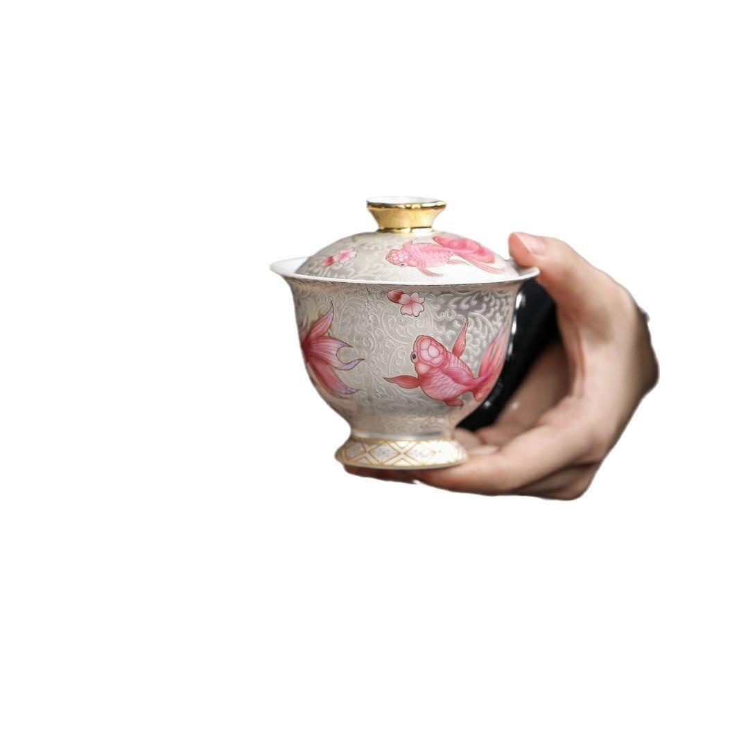 几欢珐琅彩掐丝鱼戏莲花盖碗茶杯高档陶瓷泡茶器功夫茶具复古描金