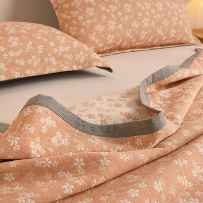 AIQM夹类全棉双层纱棉床盖薄被纯棉色织提花超加单床单秋柔冬保厚