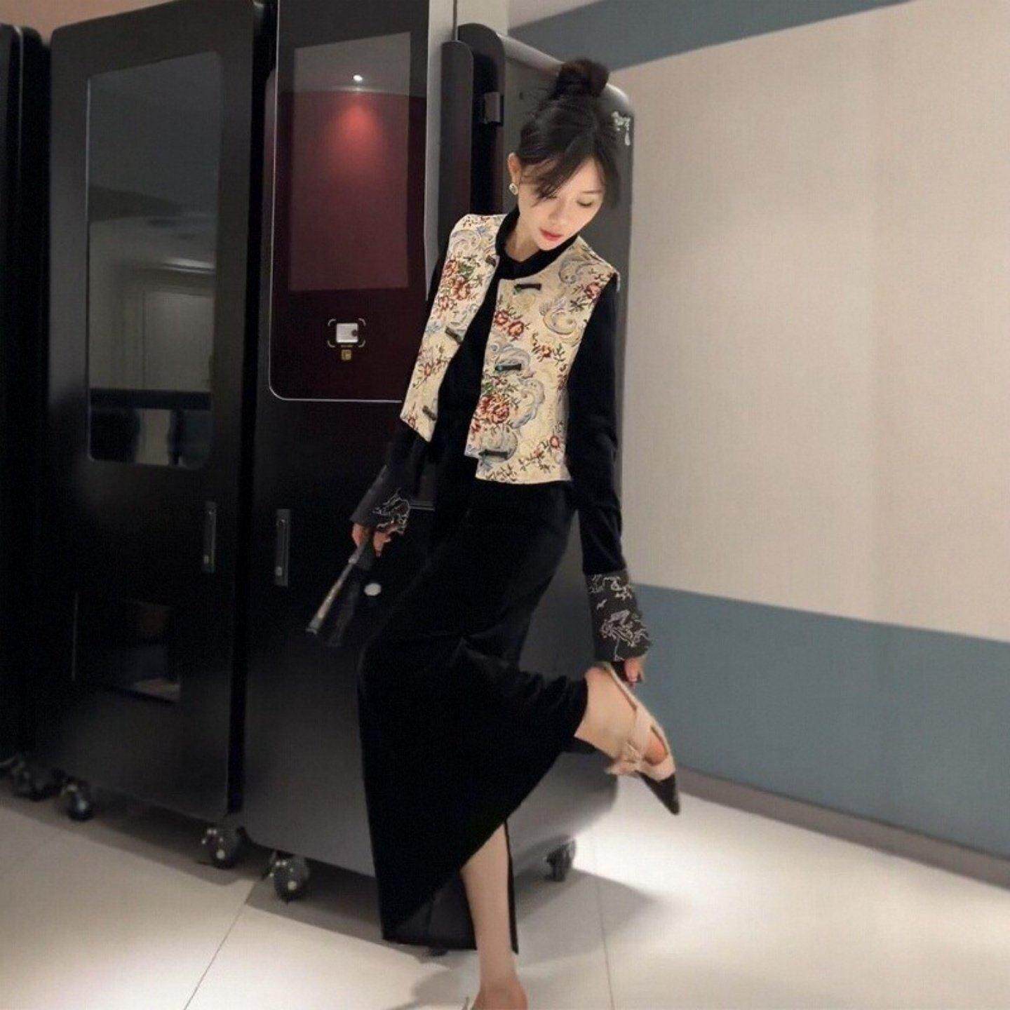 欧洲站春装2026新款新中式国风套装长版黑色气质洋装子两件套女