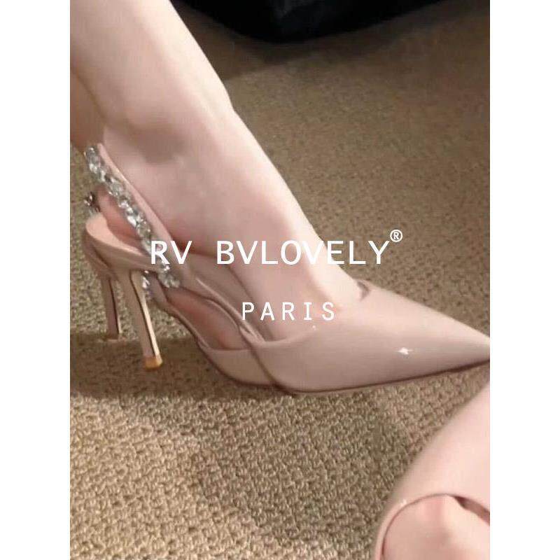 法国rv bvlovely一字扣带裸水钻漆皮裸粉色粉色高跟鞋脚包头凉鞋
