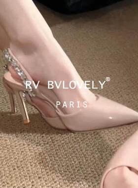 法国rv bvlovely一字扣带裸水钻漆皮裸粉色粉色高跟鞋脚包头凉鞋