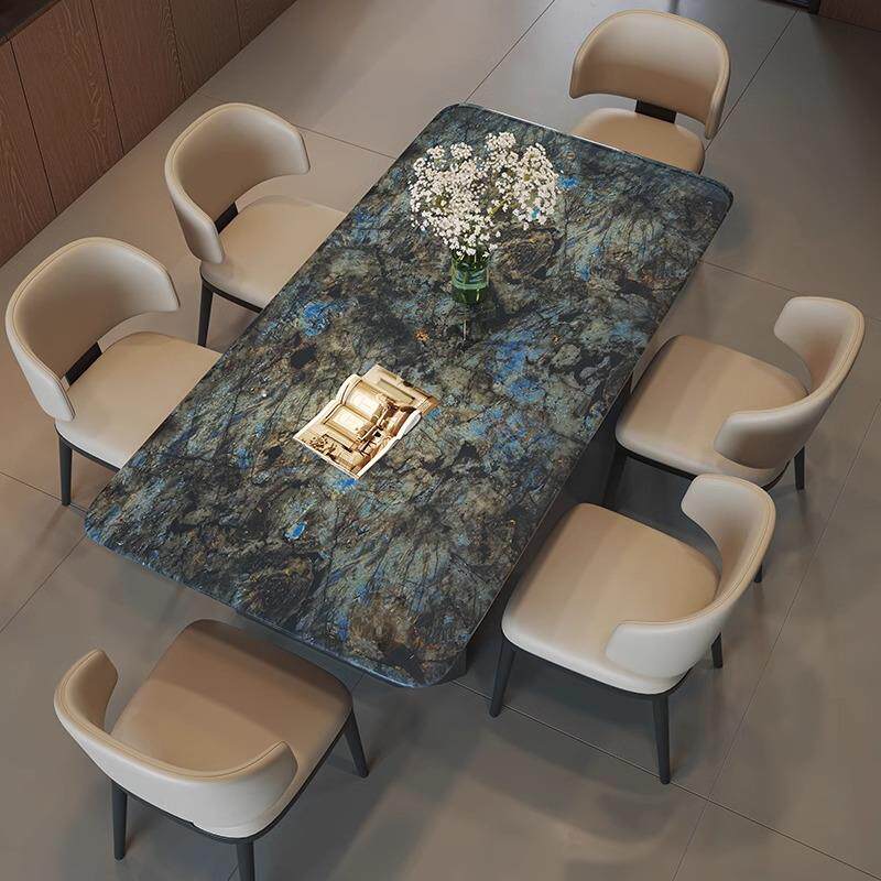 蓝翡翠大理石长方形餐桌椅组合现代简约家用奢石意式高级感饭桌子