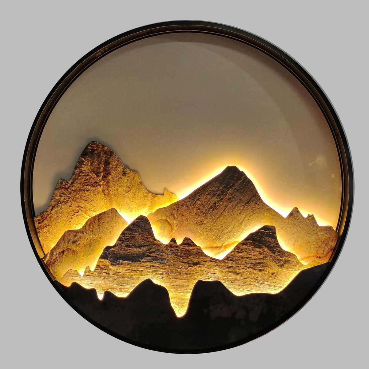 仁龙中式圆形装饰画卧室床头背景墙走廊山水带灯立体玄关岩板挂画