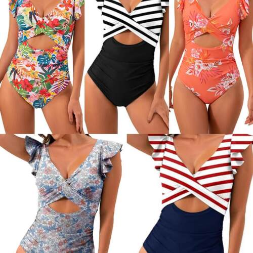 Bikini one-piece hollowed out belly covering ruffle edge