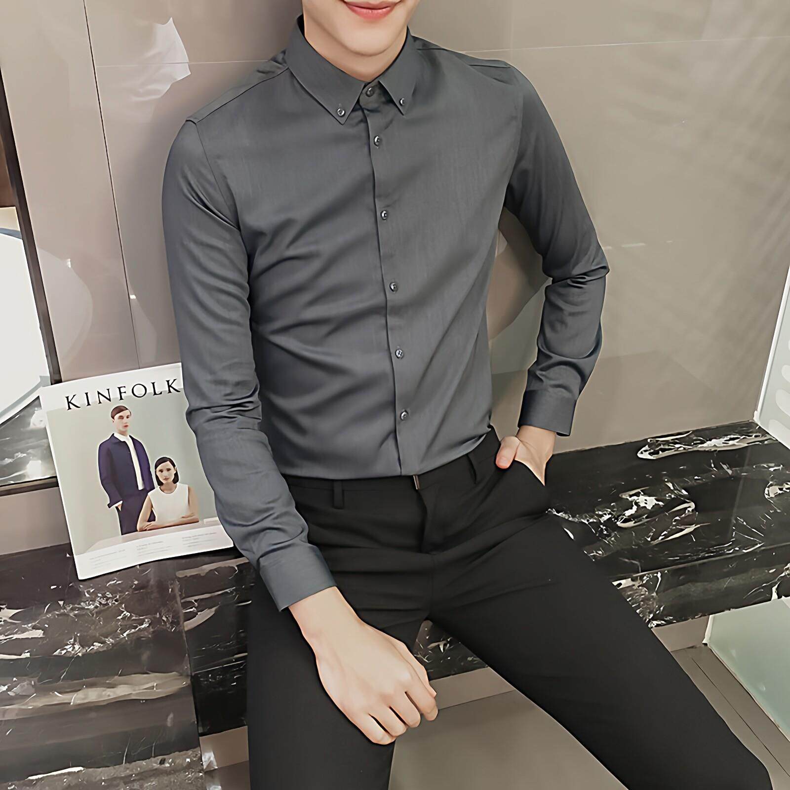 高级感灰色衬衫男长袖修身韩版潮流商务正装休闲免烫抗皱轻奢衬衣