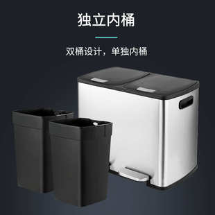 批发脚踏式 不锈钢垃圾桶静音商场酒店双桶三分类带盖缓降盒30L45L