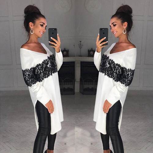 Women's lace patchwork collar slit long sleeved dress