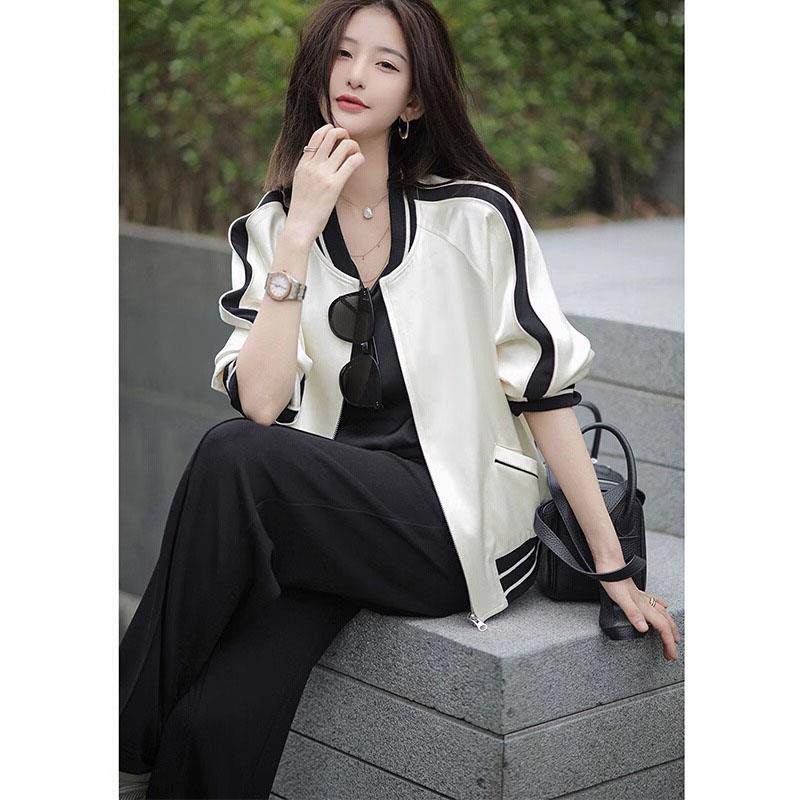 时尚品牌高端优雅休闲棒球制服女式短裤2025春季新款小缎面外套