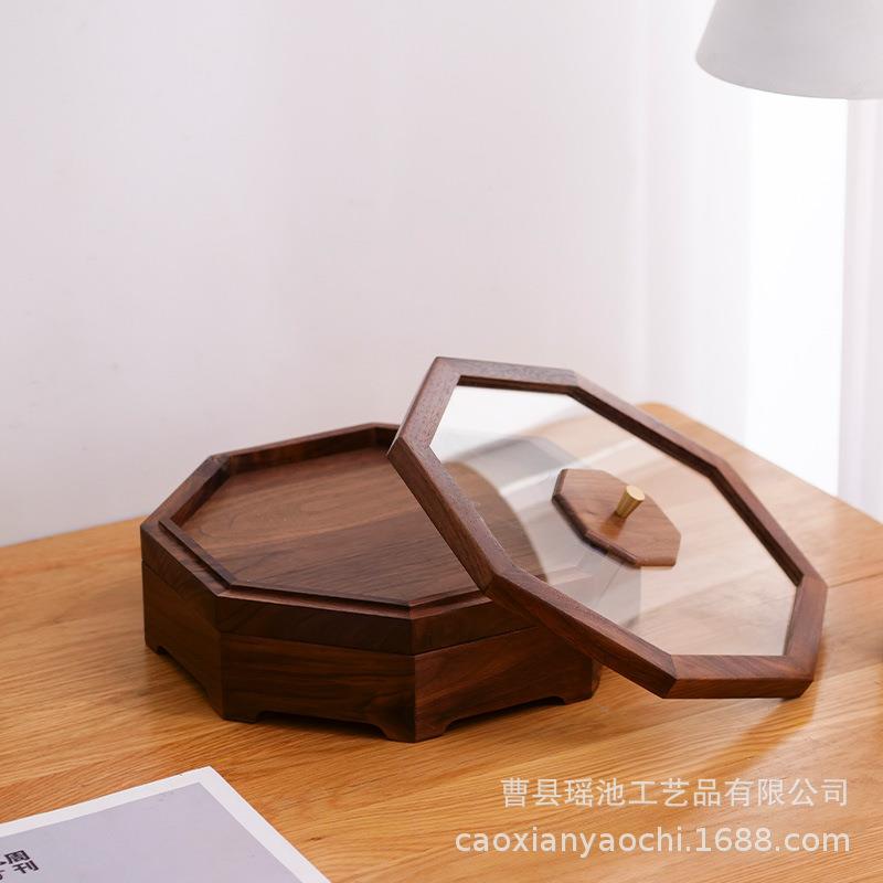 创意胡桃木干果盒客厅三层八角分格带盖干果盘糖果盘高颜值果盘
