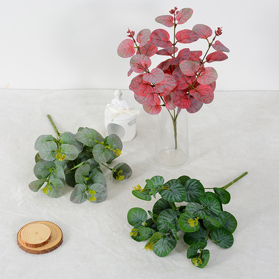 跨境5 叉尤加利仿真花叶子仿真植物盆栽插花金钱叶婚庆家居人造花