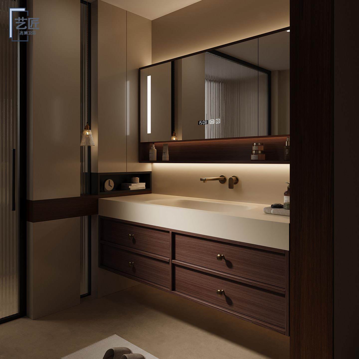 中古风骨骼线浴室柜组合岩板热弯可丽耐一体盆卫生间洗漱手台定制