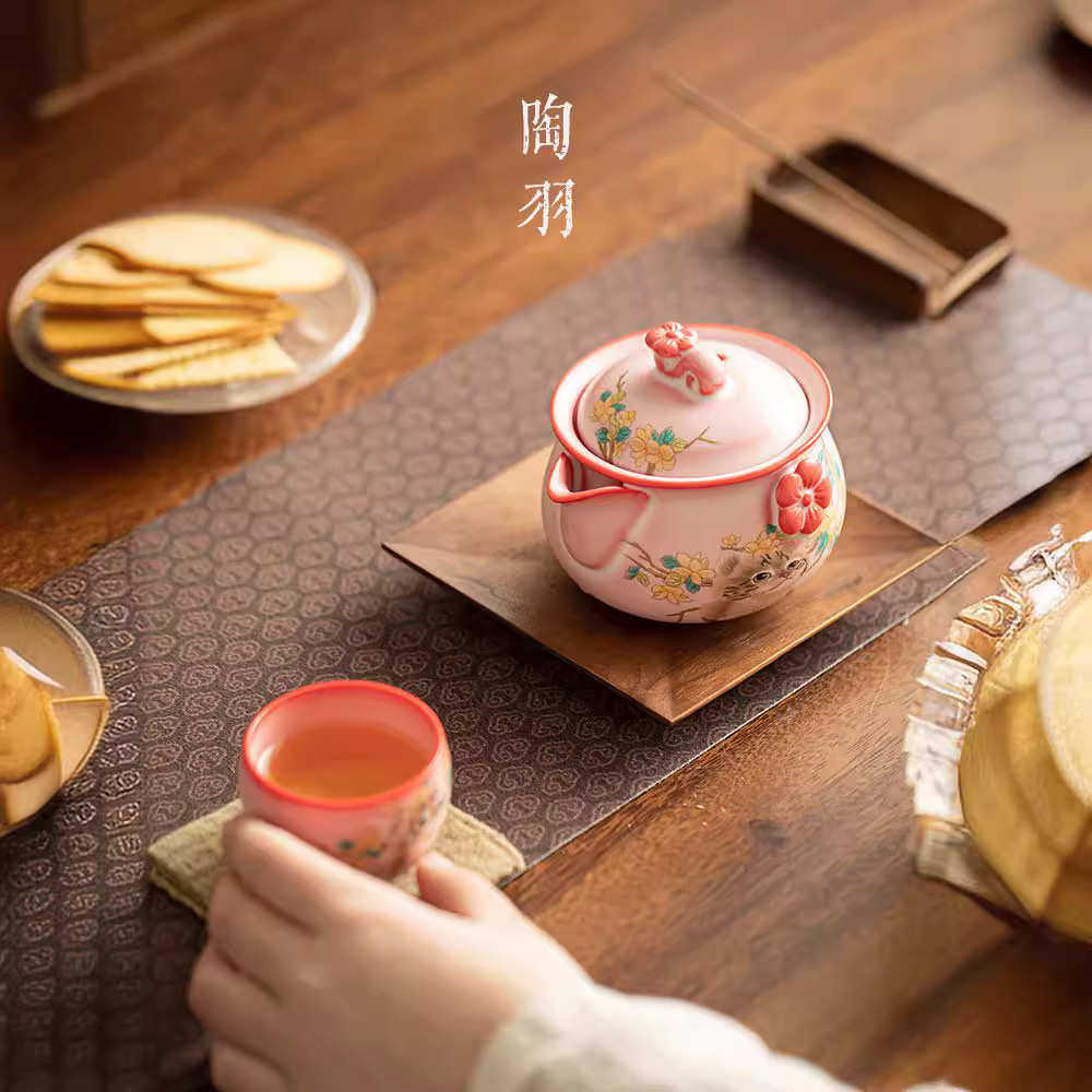 粉色汝窑猫咪手抓壶单个大号高档泡茶壶家用陶瓷不烫手功夫茶具