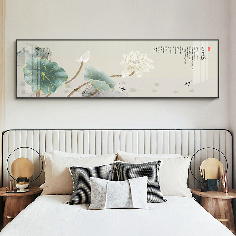 新中式荷花水墨工笔画卧室床头装饰画书房壁画现代客厅背景墙挂画图片