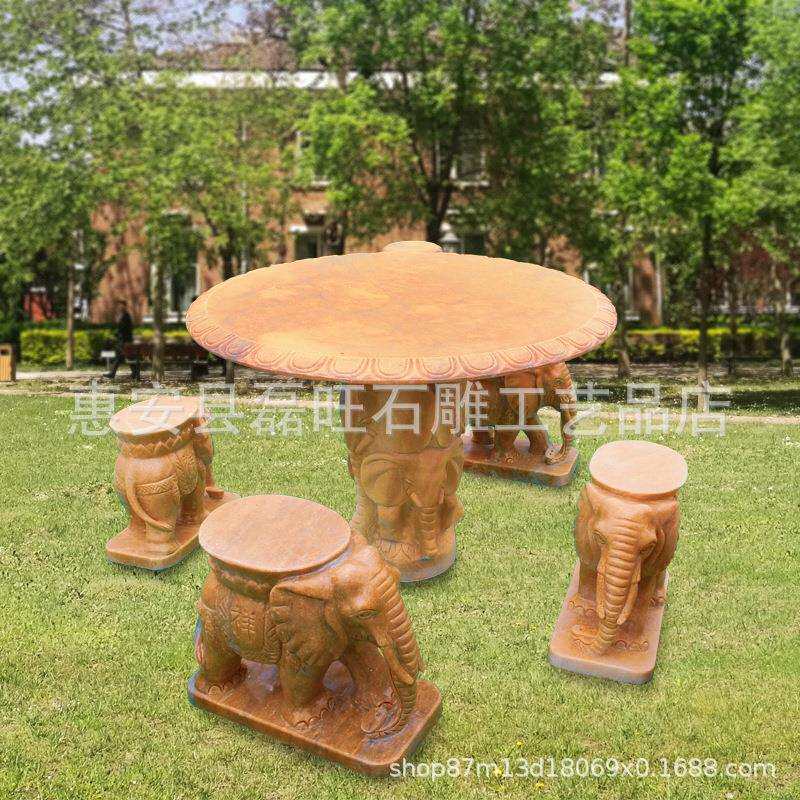 厂家直销 晚霞红桌椅 石雕石桌石凳 公园户外装饰摆件石头圆桌