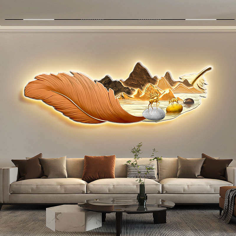 羽毛卧室床头装饰画轻奢石来运转沙发背景墙挂画山水客厅带灯壁画,家居饰品,现代装饰画,淘宝优惠券,粉丝福利购,淘宝优惠卷