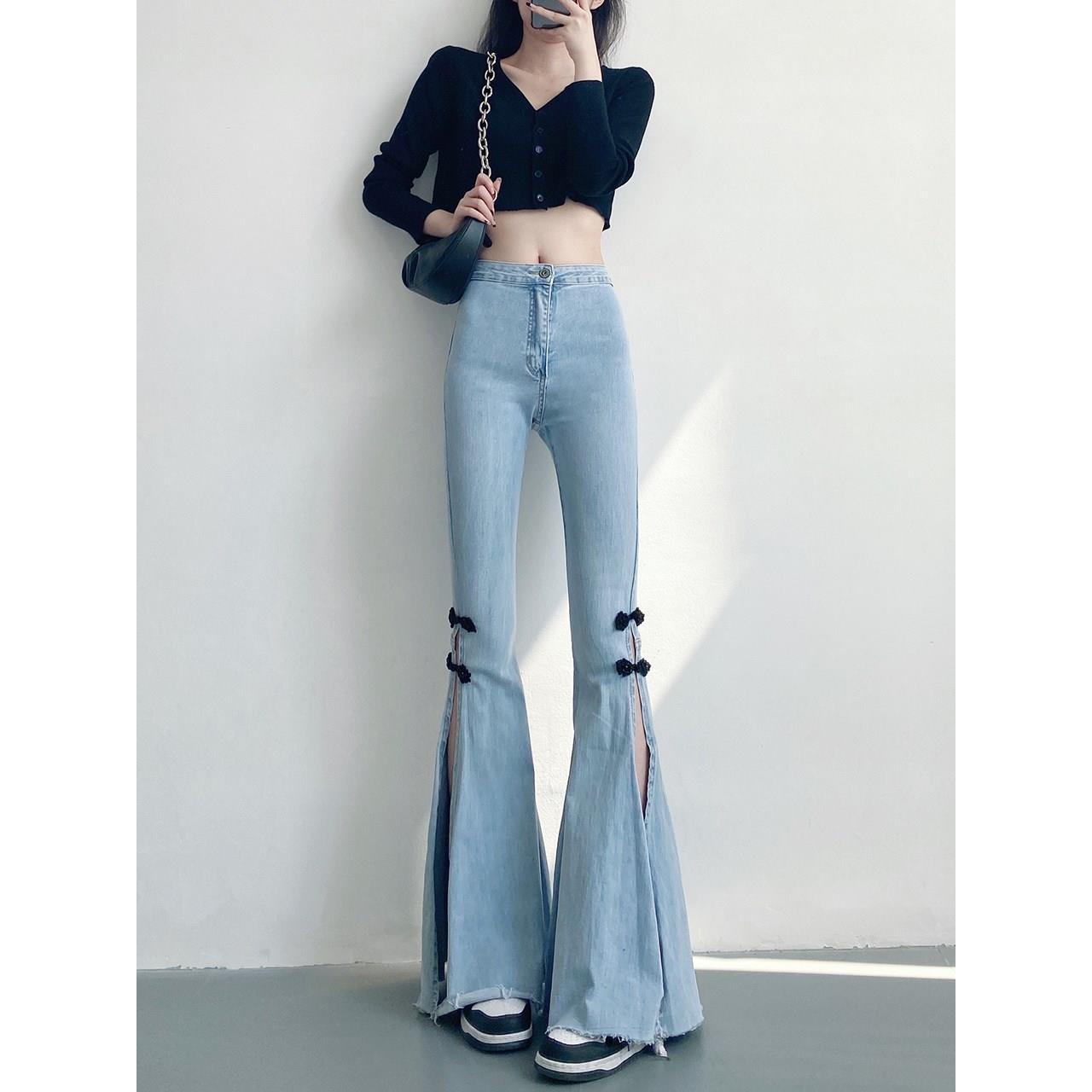 韩国浅蓝色高腰弹力开 叉牛仔裤女夏季显瘦显高修身拖地喇叭裤裤