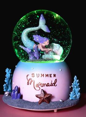 装饰礼品摆件创意浪漫美人鱼声控水晶球旋转飘雪花卡通音乐盒