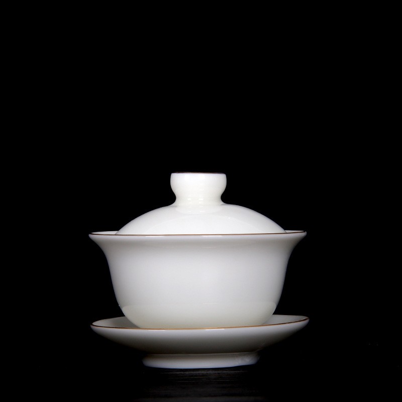 羊脂玉描金三五成群盖碗茶具陶瓷大号码三才杯白瓷敬茶杯茶器