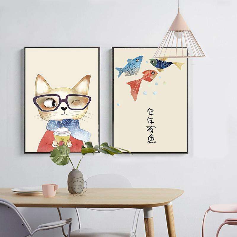 猫和鱼简约餐厅装饰画北欧猫咪小清新儿童房墙面画餐桌餐厅挂画图片
