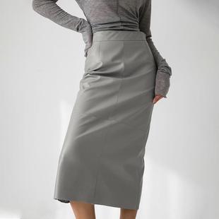 高腰开叉法式 灰色PU皮裙外贸女装 修身 新款 直筒半身裙 2027春季