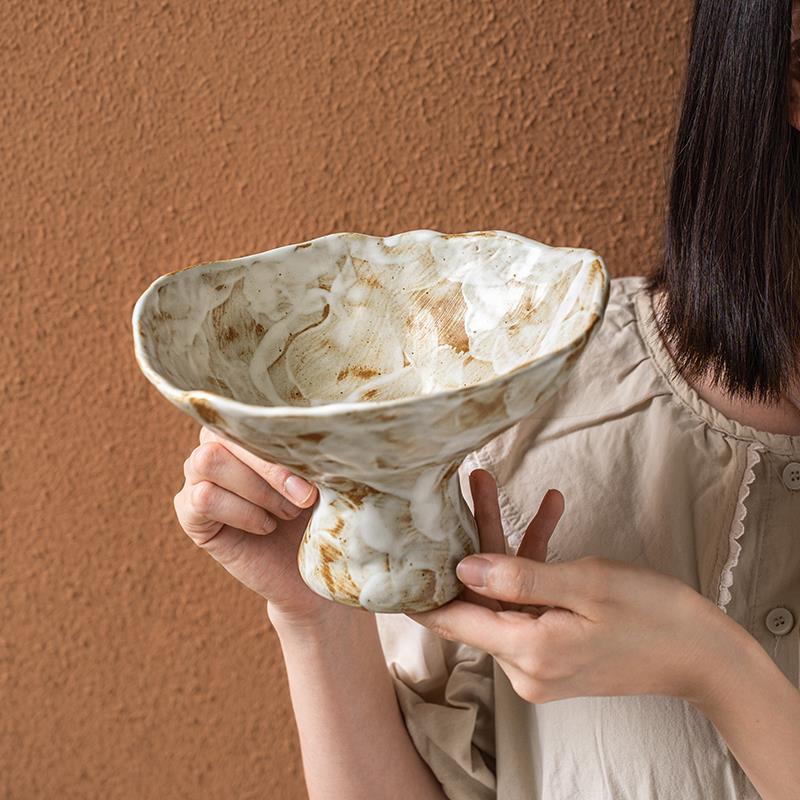 小悠家〖高级感异形果盘〗粗陶高脚水果盘零食盘侘寂玄关民宿摆件
