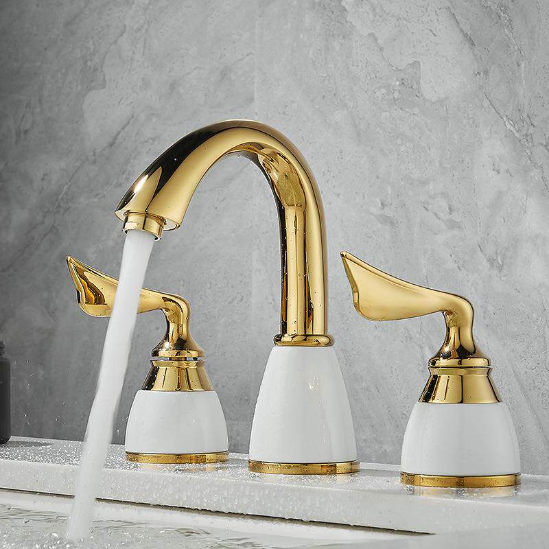 欧式浴室柜三孔冷热面盆水龙头双把分体式三孔洗手脸盆陶瓷三件套