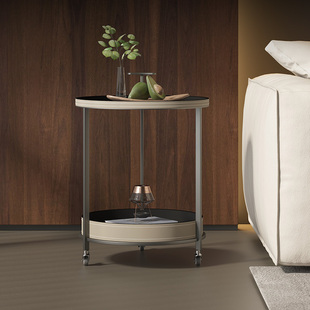 2025新款双层小推车边几意式极简马鞍皮圆形可移动沙发边几桌角几