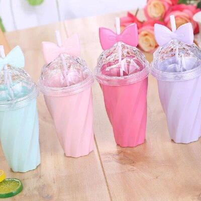400ML Lovely Straw Cup Cold Drink Cup Plastic With Bow Lid