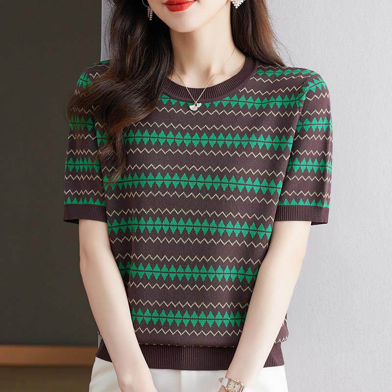 冰丝针织短袖T恤女妈妈夏装提花洋气小衫宽松大码条纹桑蚕丝上衣