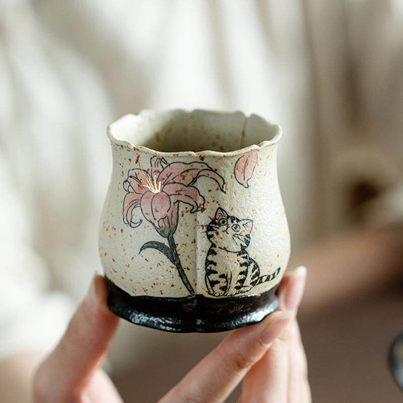 青花火石红纯手绘百合猫咪陶瓷茶杯中式复古主人杯泡茶品茗杯