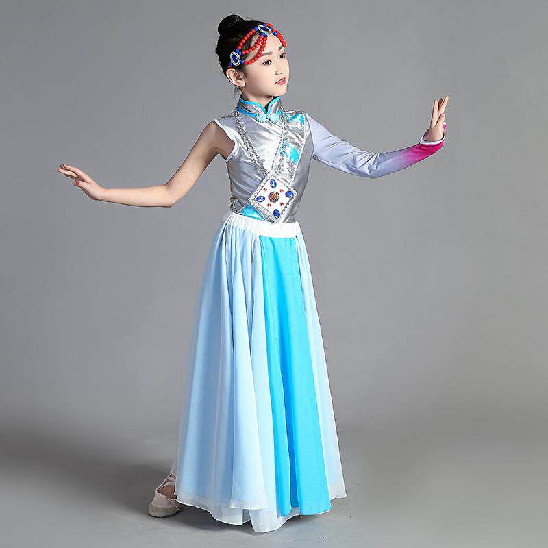 正品藏族儿童大舞蹈表演服装、少数民族表风格场舞、摆裙、开天浴