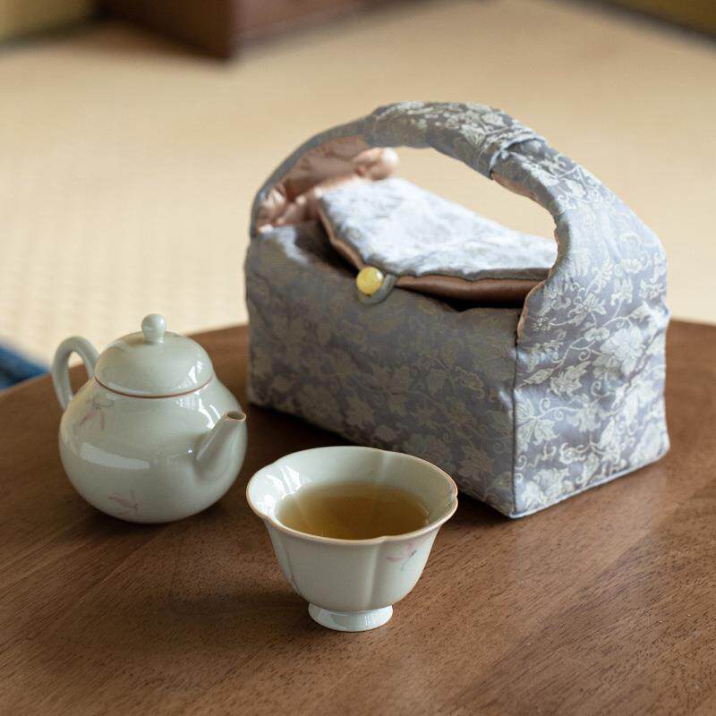 草木灰手绘粉色兰花一壶一杯便携式旅行功夫茶具布包套装茶壶茶杯