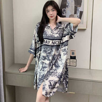 冰丝睡衣女夏季短袖高档女人味性感中长款春秋中袖真丝绸睡裙外穿