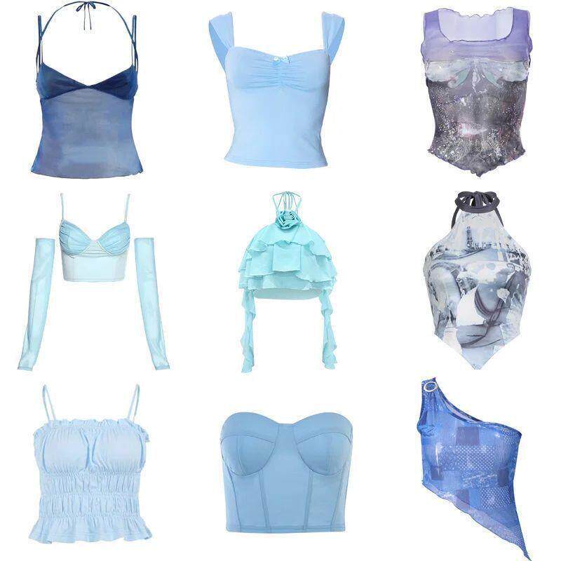90s Blue Halter Top Y2K Aesthetic Summer Sleeveless Cropped