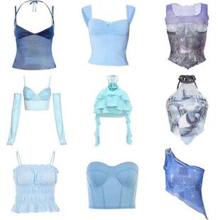 90s Blue Halter Top Y2K Aesthetic Summer Sleeveless Cropped