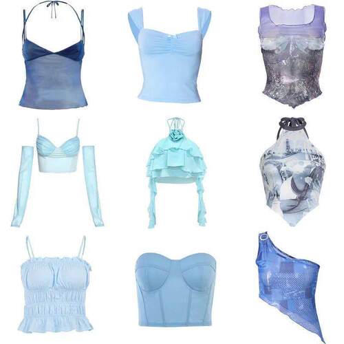 90s Blue Halter Top Y2K Aesthetic Summer Sleeveless Cropped