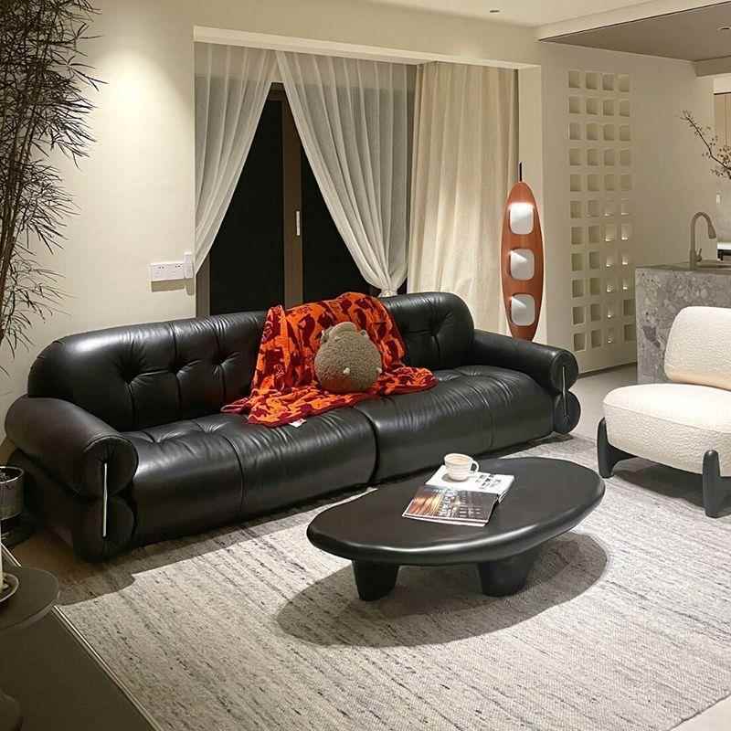 意式简皮艺沙客厅轻闲奢现代家用小户型发复古风休极直排黑色92沙发