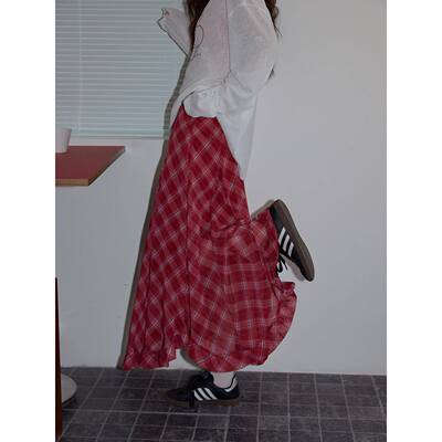 吵吵家设计感法式复古红格半身裙女2025夏高腰显瘦休闲A字长裙