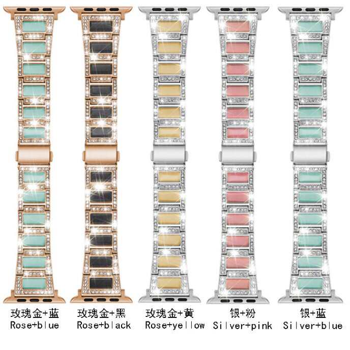 适用苹果手表带apple watch1-7代猫眼石镶钻时尚新款树脂钢带表带