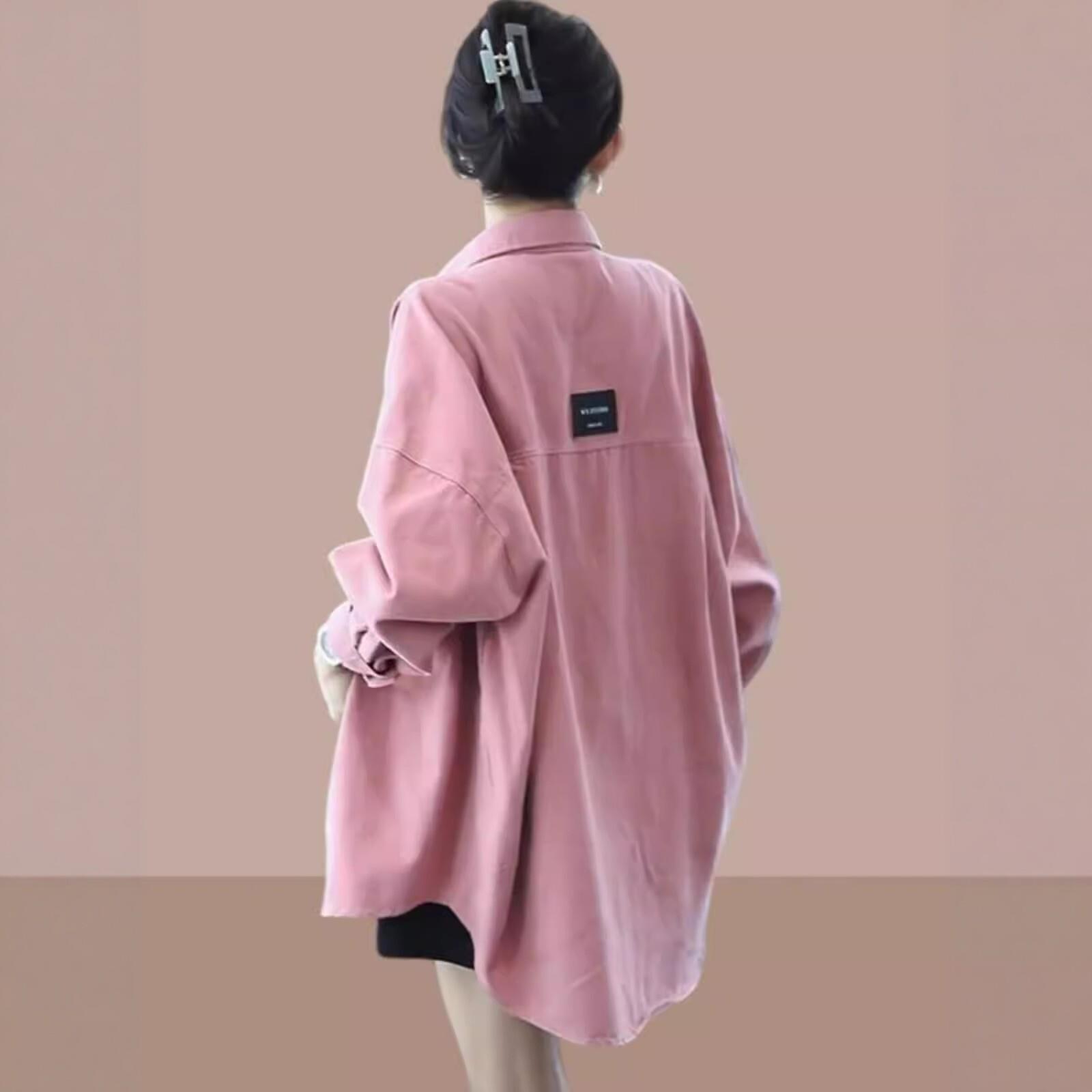 日系慵懒风粉色长袖衬衫女中长款春秋季宽松百搭休闲工装衬衣外套