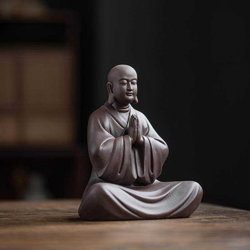 中式禅意紫砂小和尚摆件创意陶瓷人物家居客厅茶室茶桌面装饰摆设