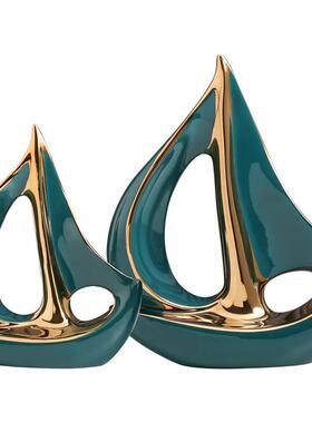 一帆风顺帆船摆件轻奢高档家居酒柜电视柜办公室陶瓷装饰工艺品