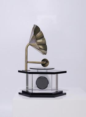 简约现代复古水晶金属留声机样板间家居客厅书房创意桌面装饰摆件