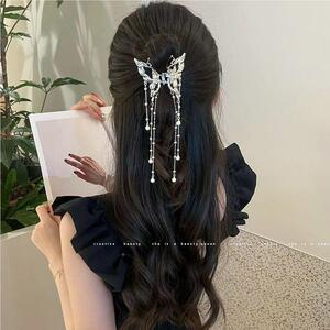液金HJJ属蝴蝶流新苏珍珠抓夹女鱼2024款高级感发夹半扎发态马尾