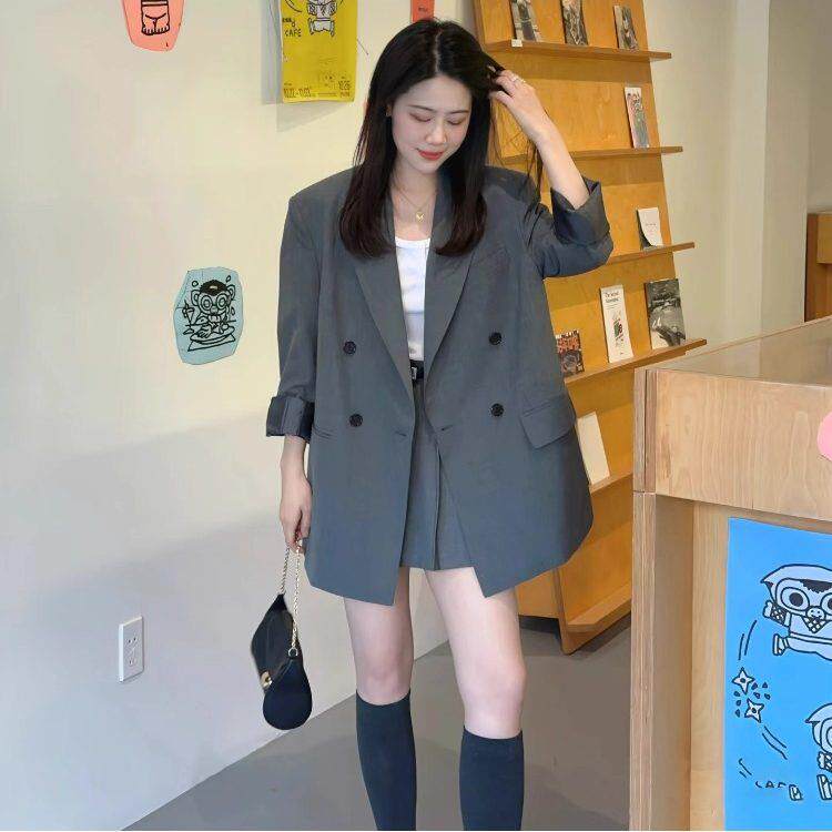 LILY MOST极简风双排扣灰色西装外套女春秋新款时尚百搭显瘦上衣
