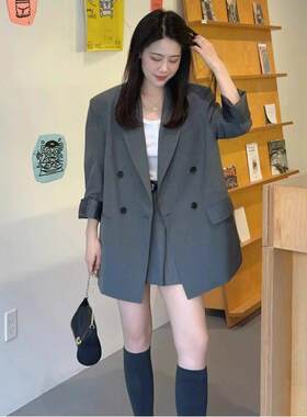 LILY MOST极简风双排扣灰色西装外套女春秋新款时尚百搭显瘦上衣